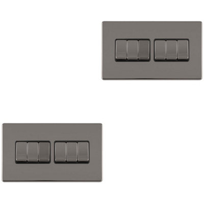 2 PACK 6 Gang Multi Light Switch SCREWLESS BLACK NICKEL 2 Way 10A Slim Rocker