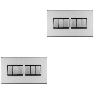 2 PACK 6 Gang Multi Light Switch SCREWLESS SATIN STEEL 2 Way 10A Slim Rocker
