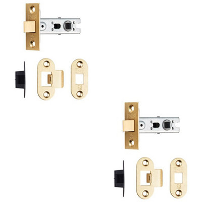 2 PACK - 64mm Bolt Through Tubular Door Latch Rounded Strike Plate Forend Polished Brass