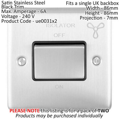 2 PACK 6A Extractor Fan Isolator Switch SATIN STEEL & Black Trim 3 Pole ...
