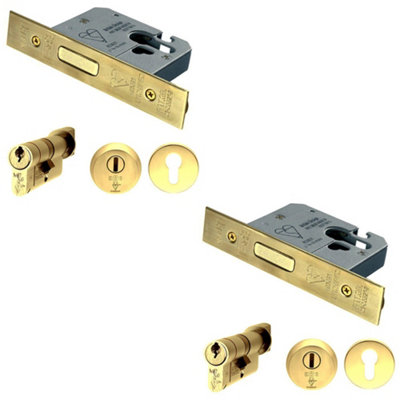 2 PACK - 76mm EURO Deadlock & Cylinder Key Thumbturn Kit - Polished Brass Door Lock Pack