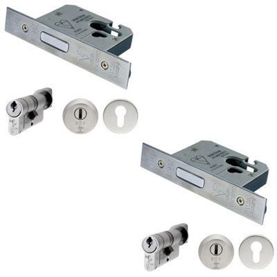 2 Pack 76mm Euro Deadlock And Cylinder Key Thumbturn Kit Satin Steel Door Lock Pack Diy At Bandq