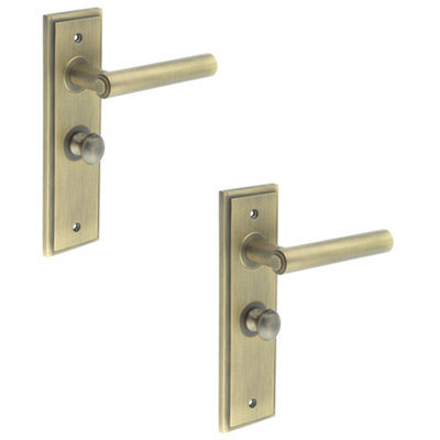 2 PACK Antique Brass Backplate Door Handle with Turn & Release for Bathrooms - Solid Brass Interior Lever