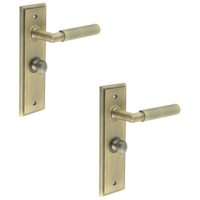 2 PACK Antique Brass Bathroom Door Handle Backplate and Turn Release - Solid Brass Interior Handle