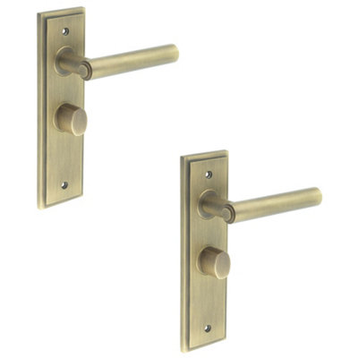 2 PACK Antique Brass Bathroom Door Handle with Backplate and Turn & Release Mechanism - Solid Brass Interior Lever