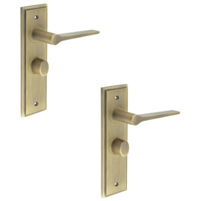 2 PACK Antique Brass Bathroom Door Handle with Backplate and Turn Release Mechanism - Solid Brass Internal Handle