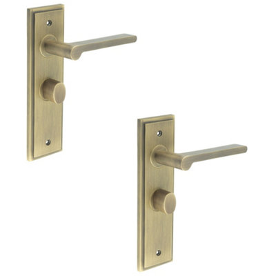 2 PACK Antique Brass Bathroom Door Handle with Backplate and Turn Release Solid Brass Interior Handle