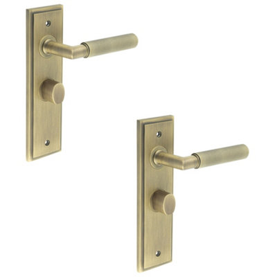 2 PACK Antique Brass Bathroom Door Handle with Backplate and Turn Release - Solid Brass Interior Handle