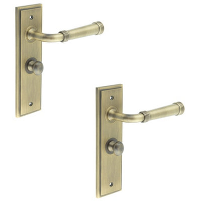 2 PACK Antique Brass Bathroom Door Handle with Backplate and Turn Release - Solid Brass Toilet Interior Handle