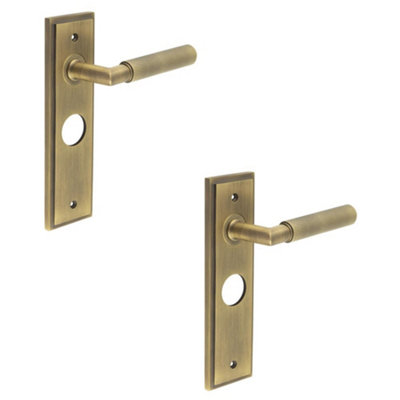 2 PACK Antique Brass Bathroom Door Handle with Backplate - Solid Brass Interior Handle