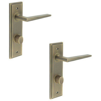 2 PACK Antique Brass Bathroom Door Handle with Turn & Release Mechanism Solid Brass - Interior Handle