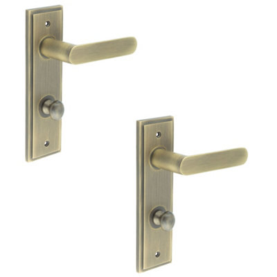 2 PACK Antique Brass Bathroom Door Handle with Turn & Release Mechanism - Solid Brass Interior Handle