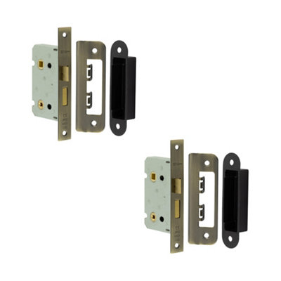 2 PACK Antique Brass Bathroom Locks with Square Forend and Radiused Strike Plate - 65mm - Door Lock