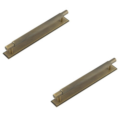 2 PACK Antique Brass Cabinet Handle with Stepped Backplate - 224mm Ctrs - Kitchen Drawer Pull Handle
