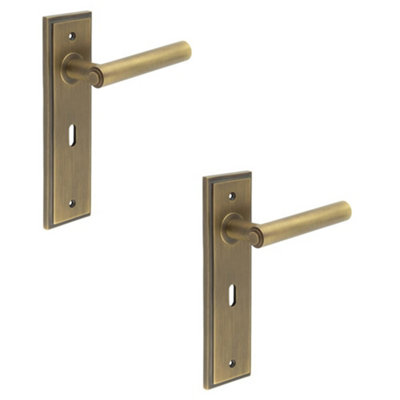 2 PACK Antique Brass Door Handle Lock Backplate - Elegant and Durable - Solid Brass Interior Lever