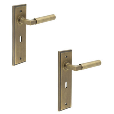 2 PACK Antique Brass Door Handle Lock Backplate for Modern Homes - Solid Brass Interior Lever
