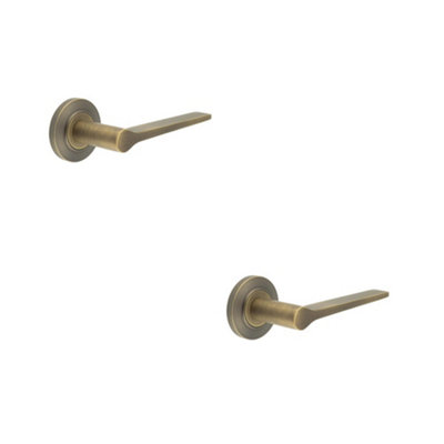 2 PACK Antique Brass Door Handle on Chamfered Rose - Classic & Elegant Design - Solid Brass Interior Handle