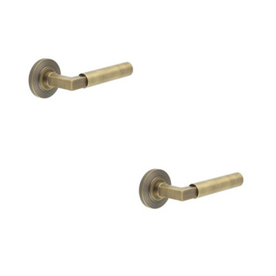 2 PACK Antique Brass Door Handle on Chamfered Rose for Elegant Homes - Solid Brass Interior Handle