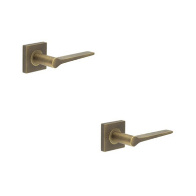 2 PACK Antique Brass Door Handle on Square Rose for Modern and Traditional Interiors - Solid Brass Interior Handle