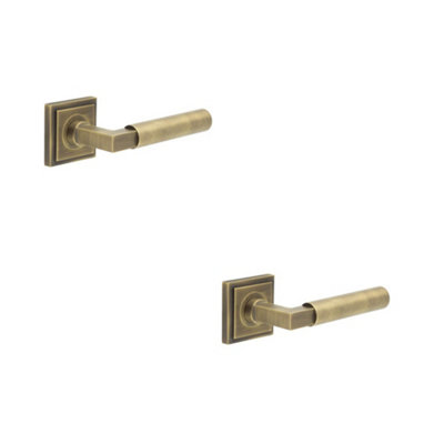 2 PACK Antique Brass Door Handle on Square Stepped Rose for Elegant Interiors - Solid Brass Interior Handle
