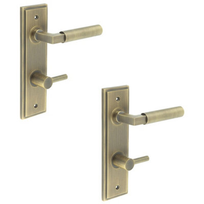 2 PACK Antique Brass Door Handle Set for Bathrooms with Turn & Release Mechanism - Solid Brass Interior Handle