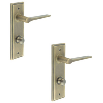 2 PACK Antique Brass Door Handle Set with Backplate for Bathroom - Solid Brass Interior Handle