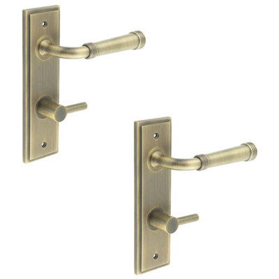 2 PACK Antique Brass Door Handle with Backplate for Bathroom - Din Style - Solid Brass Interior Handle