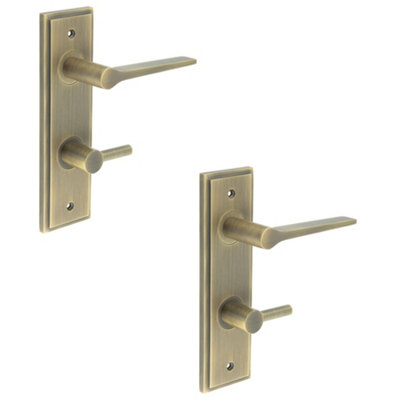 2 PACK Antique Brass Door Handle with Backplate for Bathroom - Elegant Turn & Release Design - Solid Brass Interior Handle