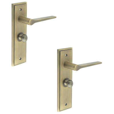 2 PACK Antique Brass Door Handle with Backplate for Bathroom - Turn & Release Mechanism - Solid Brass Interior Handle
