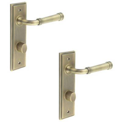 2 PACK Antique Brass Door Handle with Backplate for Bathrooms - BUR35 Design - Solid Brass Interior Handle