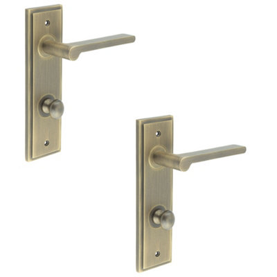 2 PACK Antique Brass Door Handle with Backplate for Bathrooms Elegant Turn & Release Design Solid Brass - Interior Handle