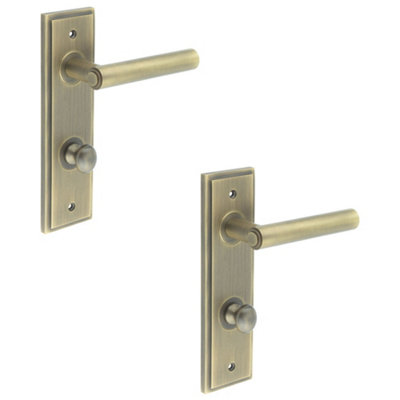 2 PACK Antique Brass Door Handle with Backplate for Bathrooms - Elegant Turn & Release Design - Solid Brass Interior Lever
