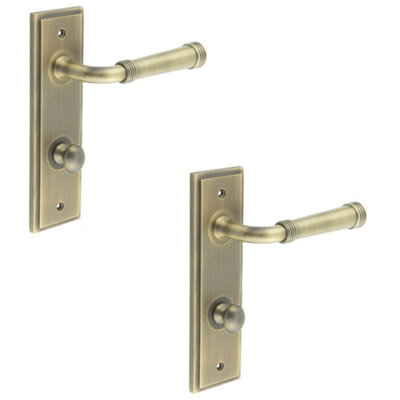 2 PACK Antique Brass Door Handle with Backplate for Bathrooms - Turn & Release Mechanism - Solid Brass
