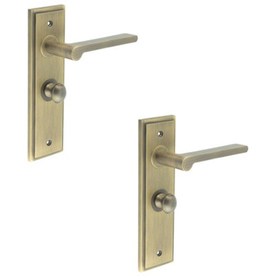 2 PACK Antique Brass Door Handle with Bathroom Backplate and Turn Release - Solid Brass Interior Handle