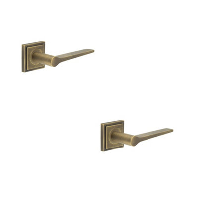 2 PACK Antique Brass Door Handle with Square Rose - Classic & Modern Design - Solid Brass Interior Handle