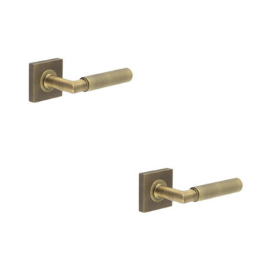 2 PACK Antique Brass Door Handle with Square Rose for Elegant Interiors - Solid Brass Interior Handle