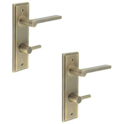 2 PACK Antique Brass Door Handle with Turn Release for Bathrooms - Solid Brass Interior Handle