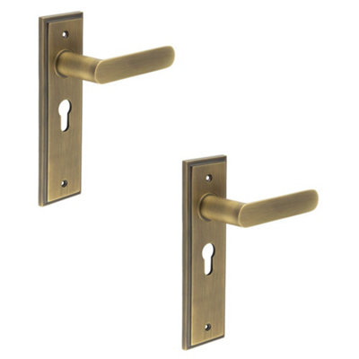 2 PACK Antique Brass Euro Backplate Door Handle - Premium Quality - Solid Brass Interior Handle