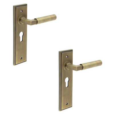 2 PACK Antique Brass Euro Backplate Door Handle with Stylish Design - Solid Brass Interior Lever