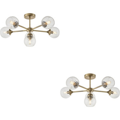 2 PACK Antique Brass Semi Flush Low Ceiling Light - Clear Spiral Multi Arm Glass - 6 X 7W LED E14