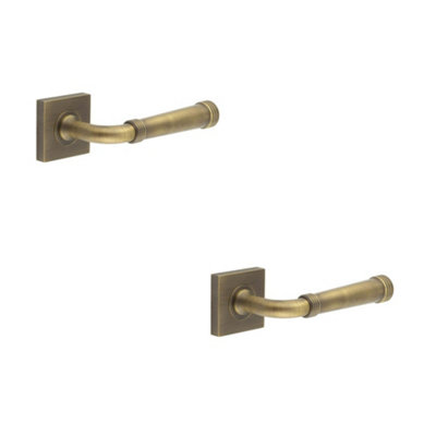 2 PACK Antique Brass Square Door Handle with Rose Design for Elegant Interiors - Solid Brass Interior Handle
