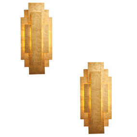 2 PACK Antique Gold Leaf Panel Wall Light - Twin G9 LED - Decorative Sconce