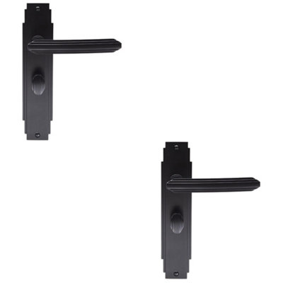2 PACK - Art Deco Bathroom Latch Door Handle - Matt Black Lever on Backplate Reeded