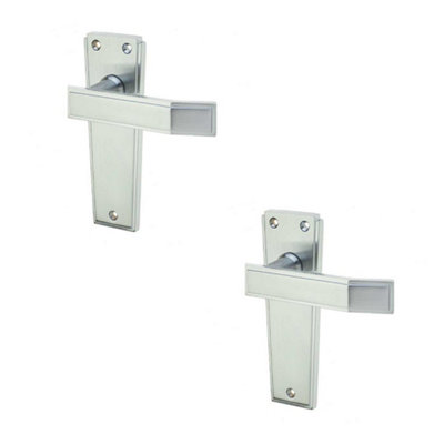 2 PACK Art Deco Satin Chrome Door Handle on Latchplate for Elegant Home Design - Interior Lever on Backplate