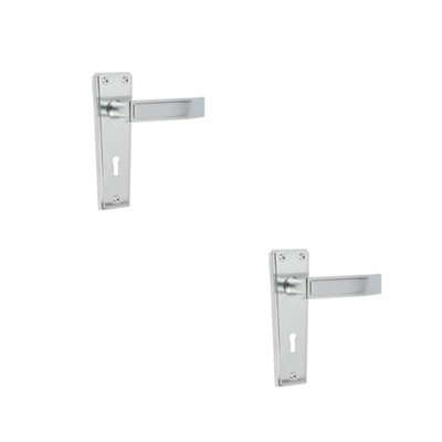 2 PACK Art Deco Satin Chrome Door Handle with Lockplate - Interior Lever on Backplate