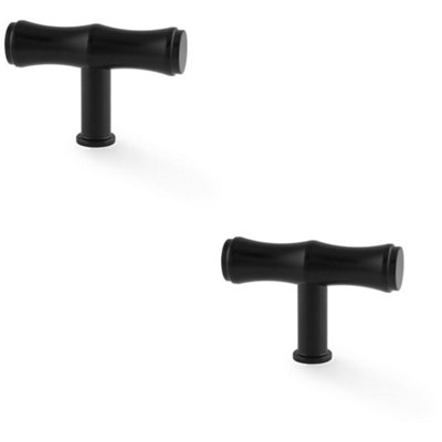 2 PACK - Bamboo T Bar Cupboard Door Knob - 55mm x 38mm - Matt Black Unit Pull Handle