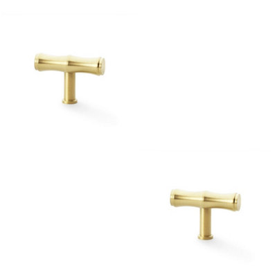 2 PACK - Bamboo T Bar Cupboard Door Knob - 55mm x 38mm - Satin Brass Unit Pull Handle