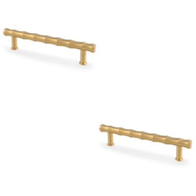 2 PACK - Bamboo T Bar Pull Handle - Satin Brass 128mm Centres SOLID BRASS Drawer Door