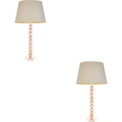 2 PACK Blush Crystal Glass Table Lamp - Grey Fabric Shade - 590mm Tall Light - 7W LED E14