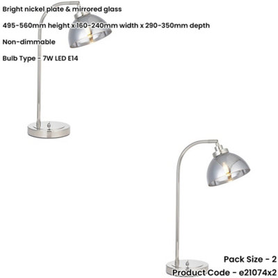 2 PACK Bright Nickel Task Lamp - Adjustable Mirrored Glass Shade - Toggle Switch Table Light